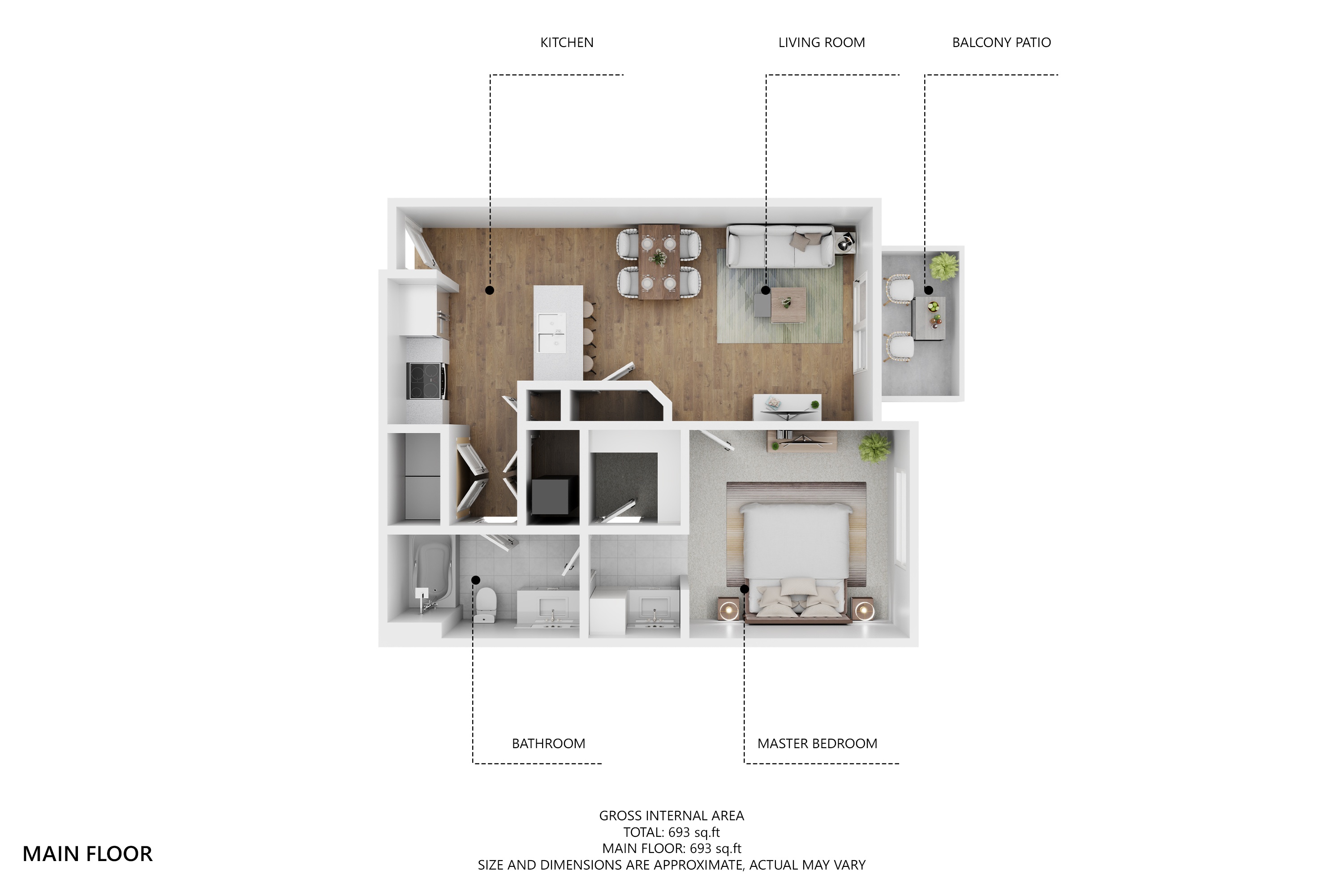 Floor plan for 1 bed, 1 bath, 705 sqft